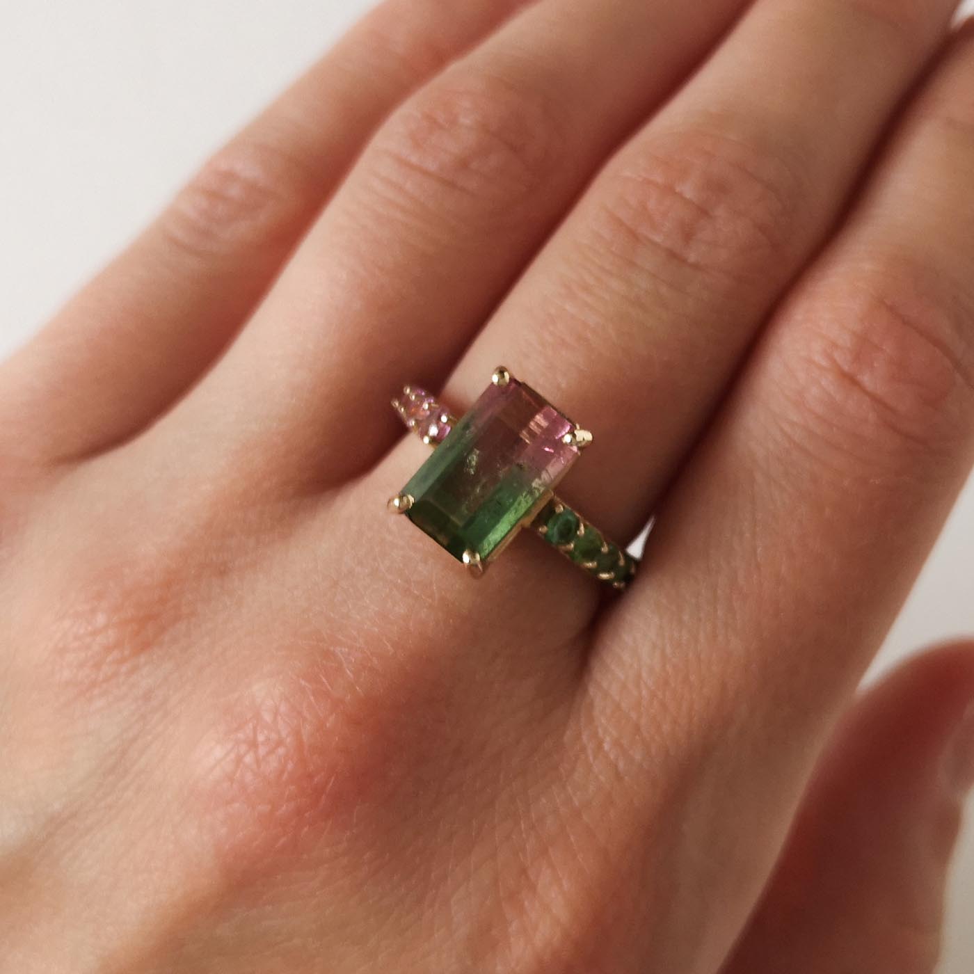 Watermelon Sugar Ring in 9ct Gold and Tourmalines